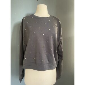 Intru Women's Gray Crew Neck‎ Long Sleeve Rhinestoned Cropped Sweatshirt Size M